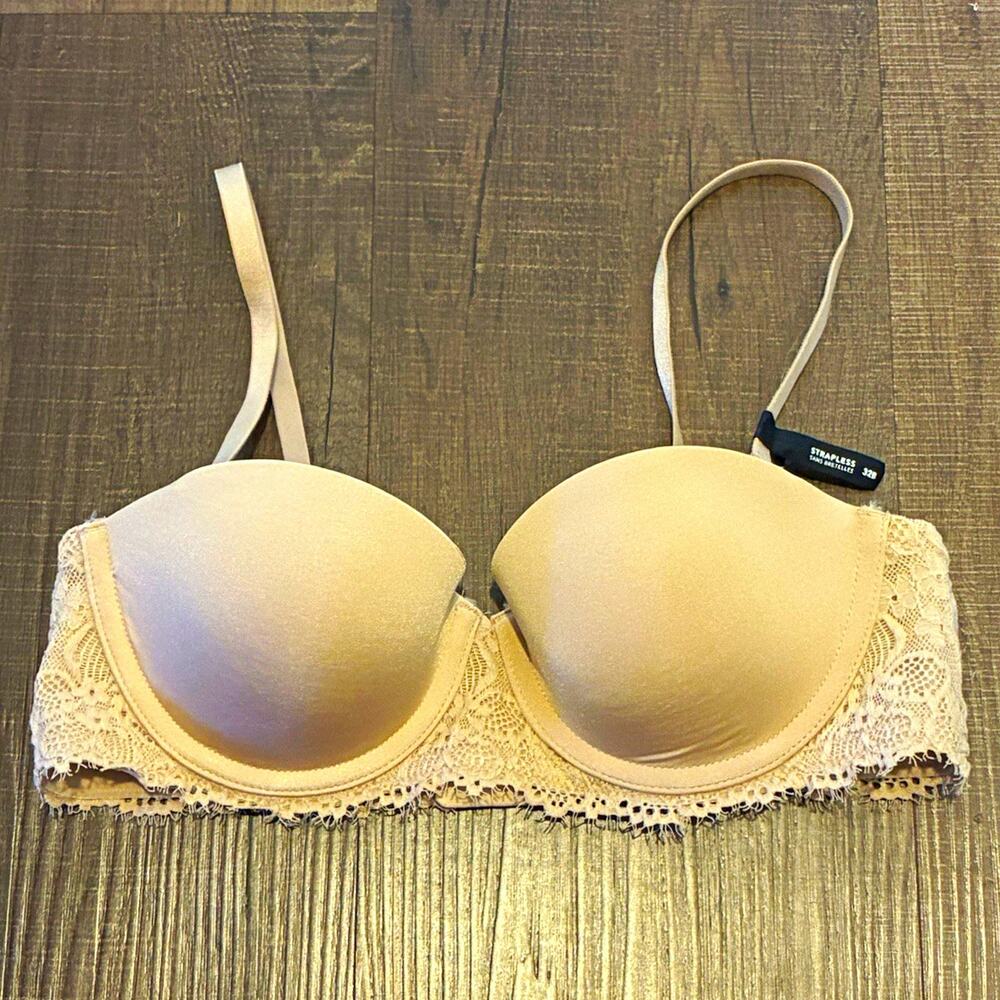 Aerie Strapless Floral Lace Underwired Bra 32B Beige Hook & Eye